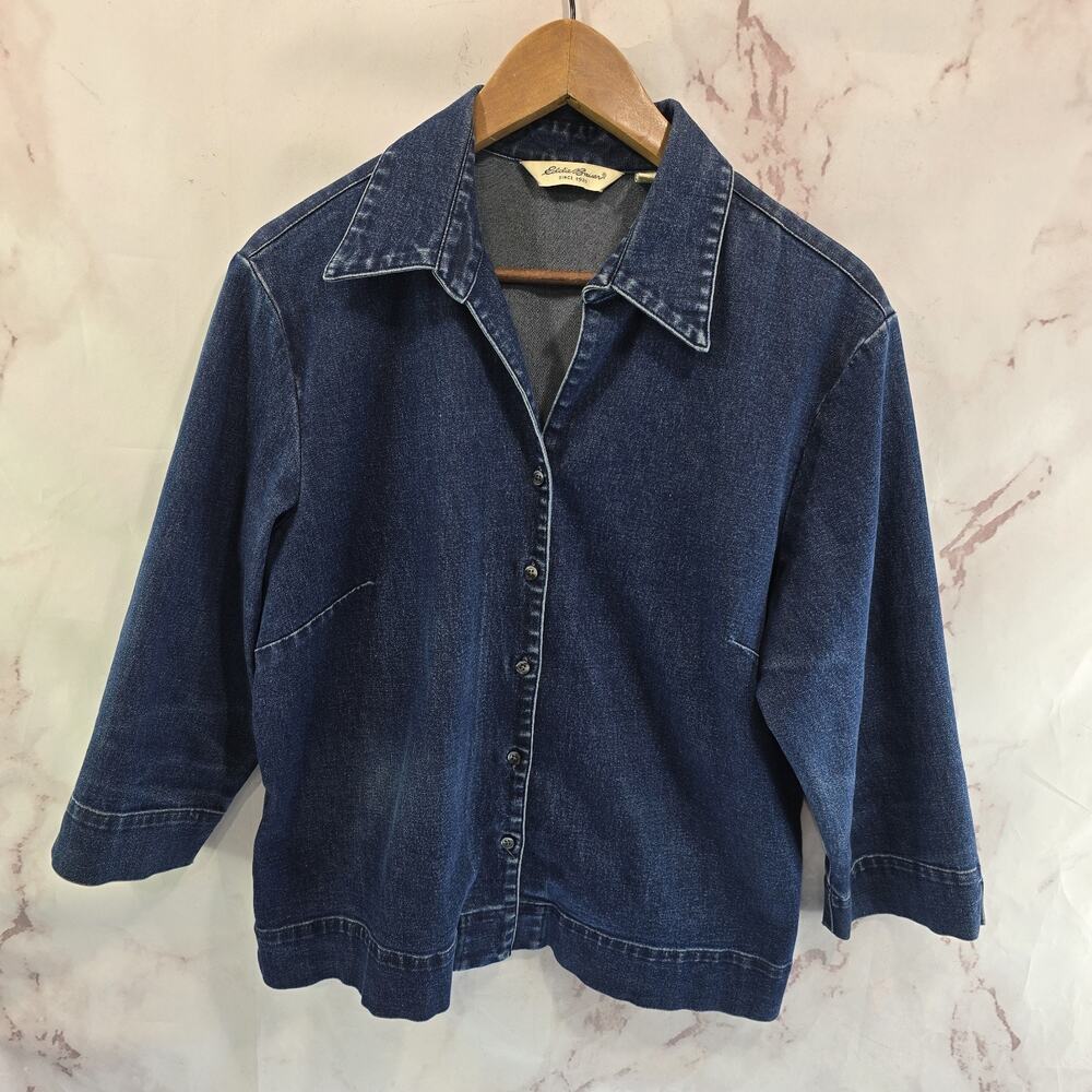 Vintage Eddie Bauer Shirt Womens Medium Denim Jean Button Up Long Dark Wash